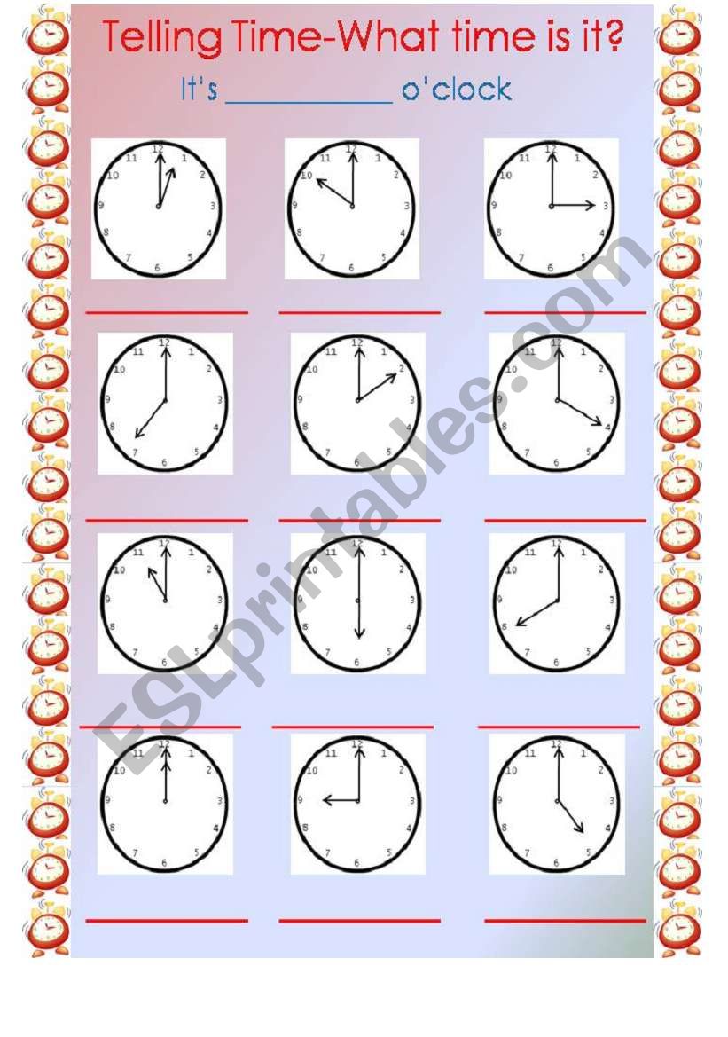 telling time its oclock esl worksheet by inrode
